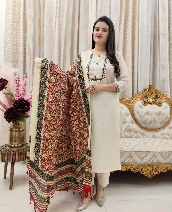 VT Designer Off White Embroidery Khadi Cotton Kurti With Bottom Dupatta Wholesale Online